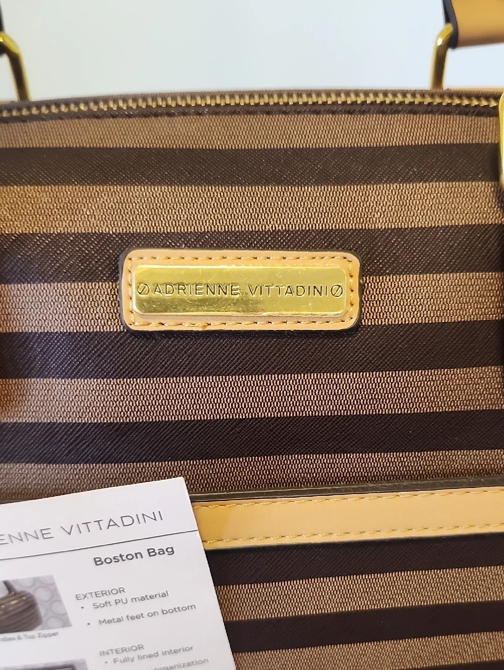 Adrienne Vittadini Brown Striped Satchel with Tan Trim - Picture 4 of 11